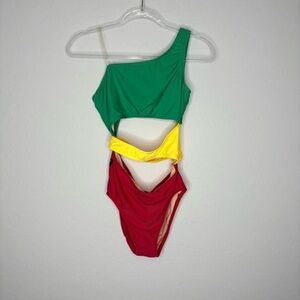 Kandi Kouture Girls Diva Leotard Red Yellow Green Colorblock One Shoulder TL